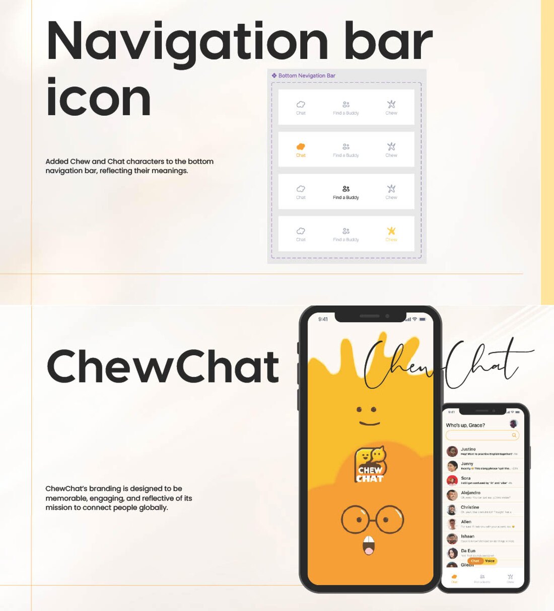 ChewChat navigation bar icons and home screen