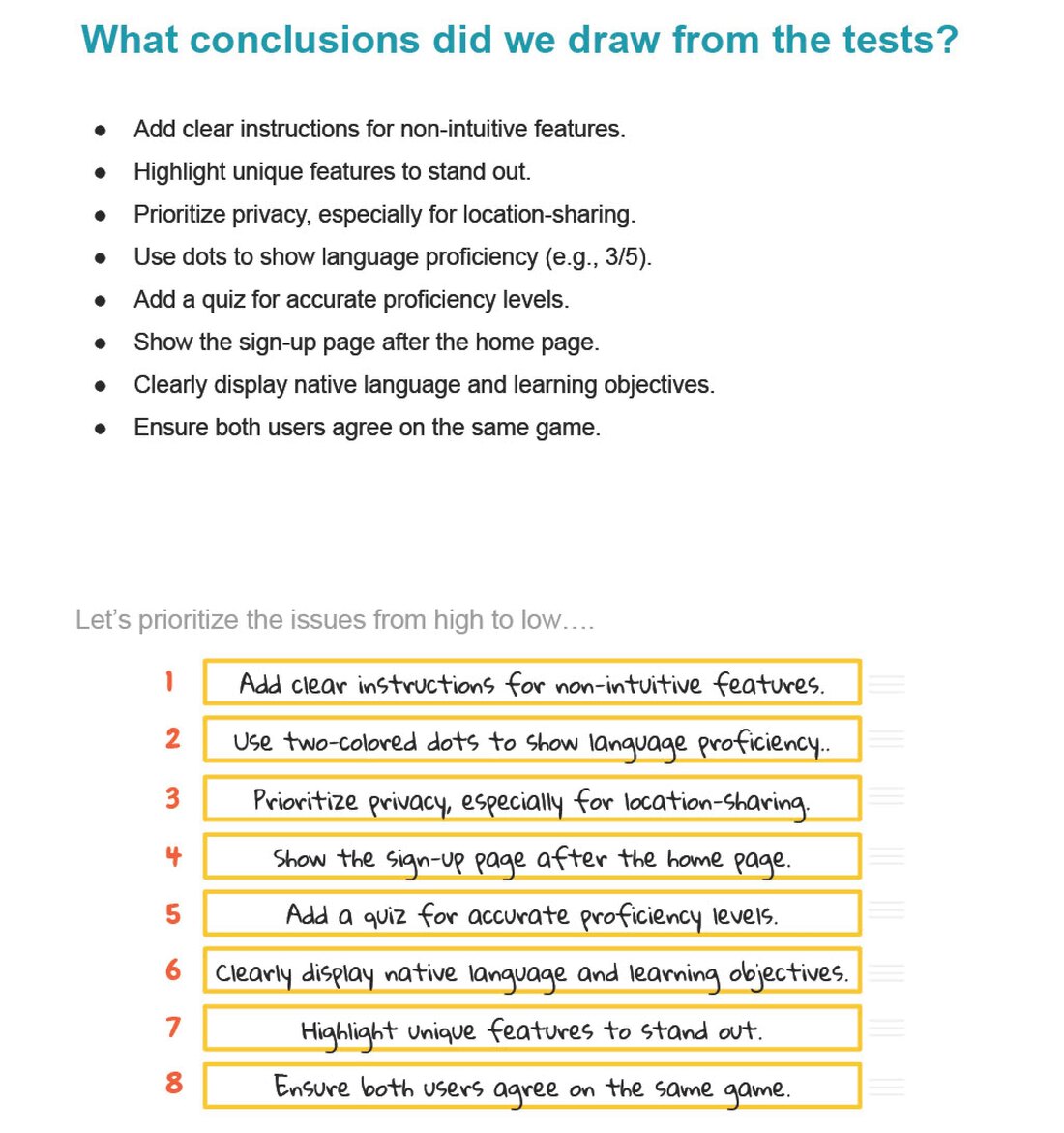 Test conclusions and prioritized issues