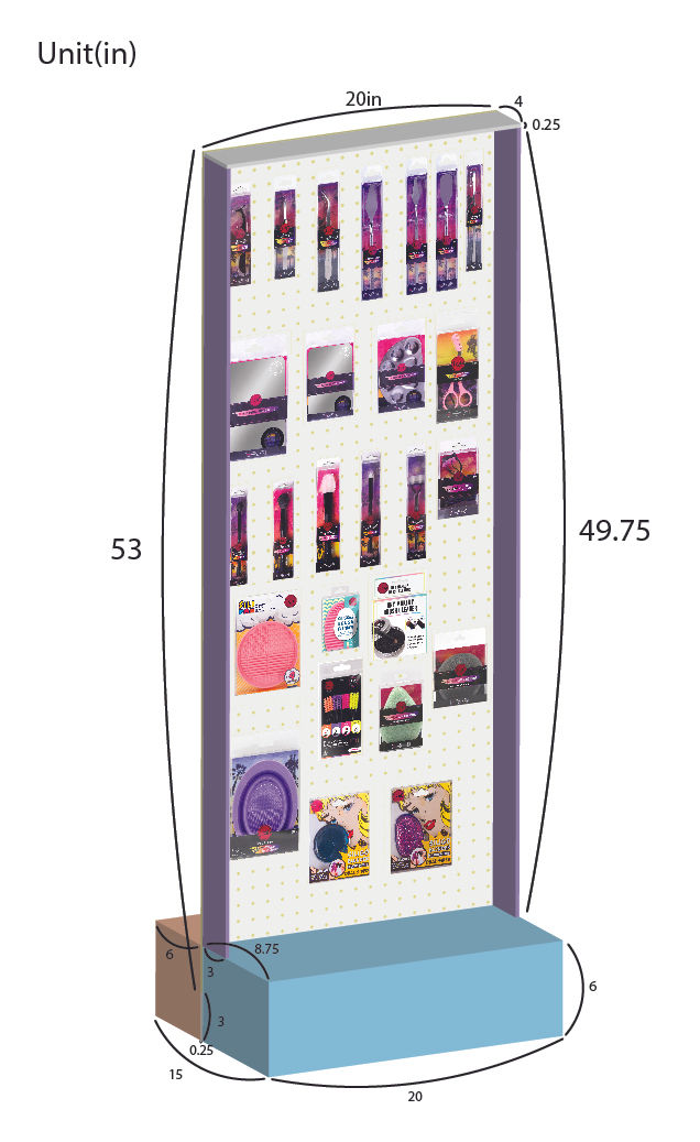 Display header with dimensioned 3D layout