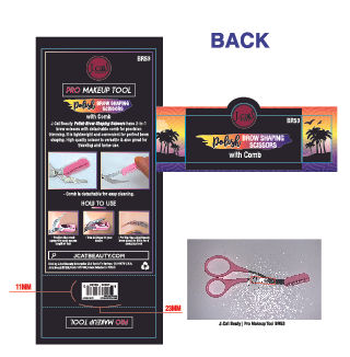 Brow-shaping scissors packaging back, how-to steps