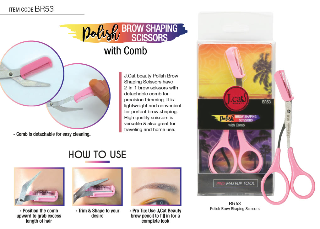 Brow-shaping scissors product card with comb