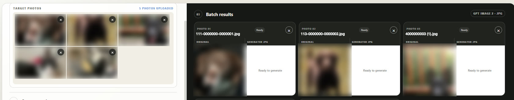 Five photos uploaded: blurred thumbnails on the left, and five result cards on the right each marked Ready