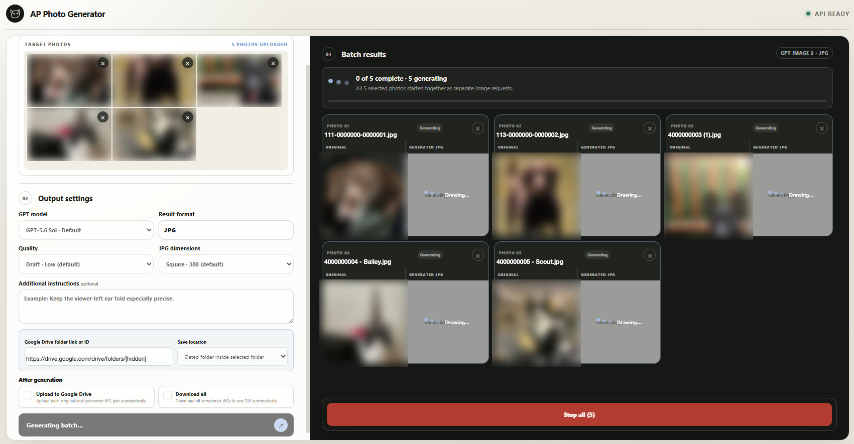 Batch in progress: 0 of 5 complete and 5 generating, every card drawing at once, with a Stop all button at the bottom