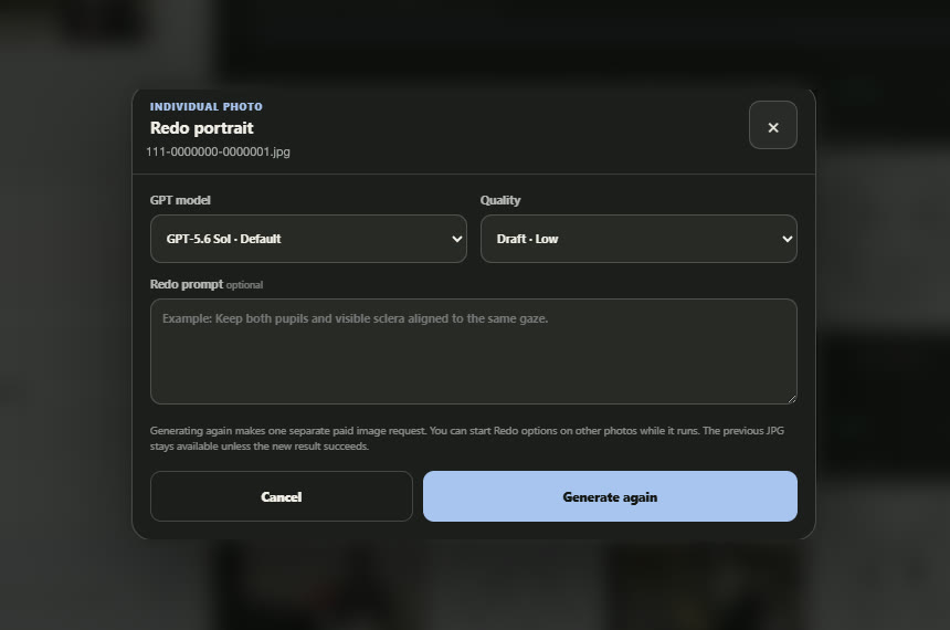 Redo portrait dialog for a single photo, with its own model and quality, an optional redo prompt, a note that it is a separate paid request, and Cancel and Generate again buttons