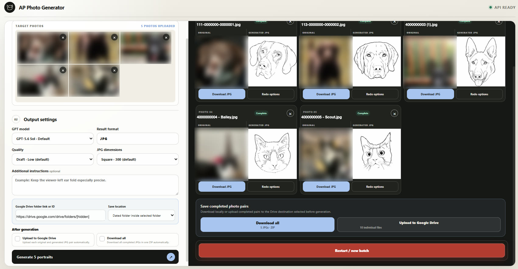 Finished batch: each card showing the blurred customer photo beside the line drawing generated from it, then Save completed photo pairs with Download all as a ZIP of 5 JPGs, Upload to Google Drive, and Restart or new batch