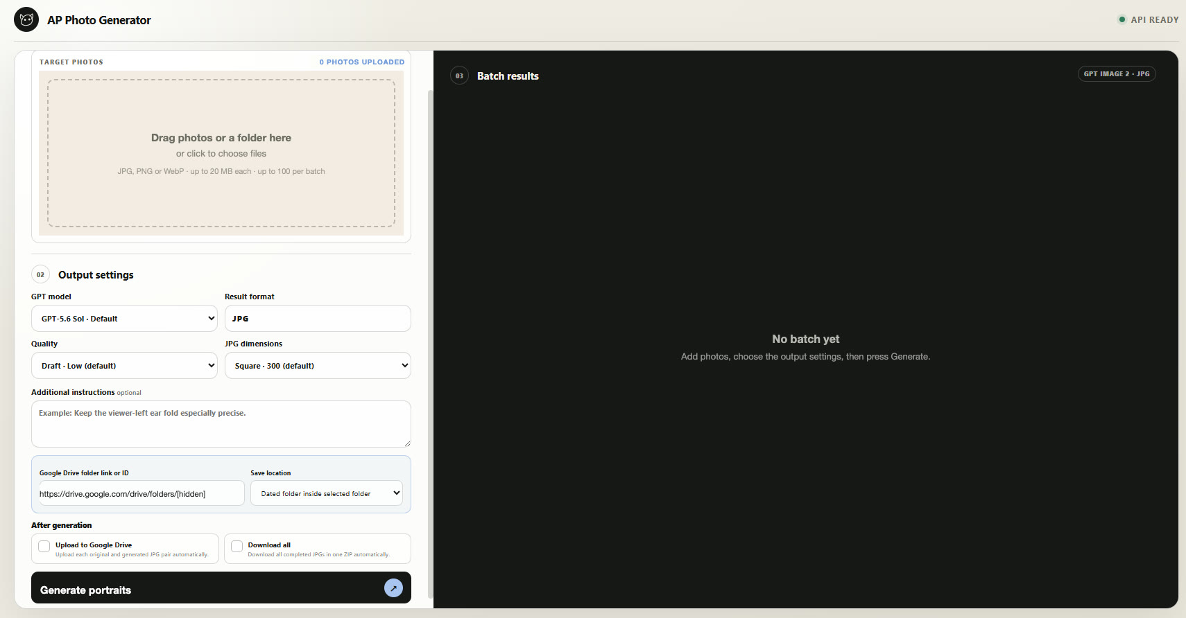 AP Photo Generator main screen at startup: an empty drop area for photos with the output settings below it on the left, and an empty batch results panel on the right