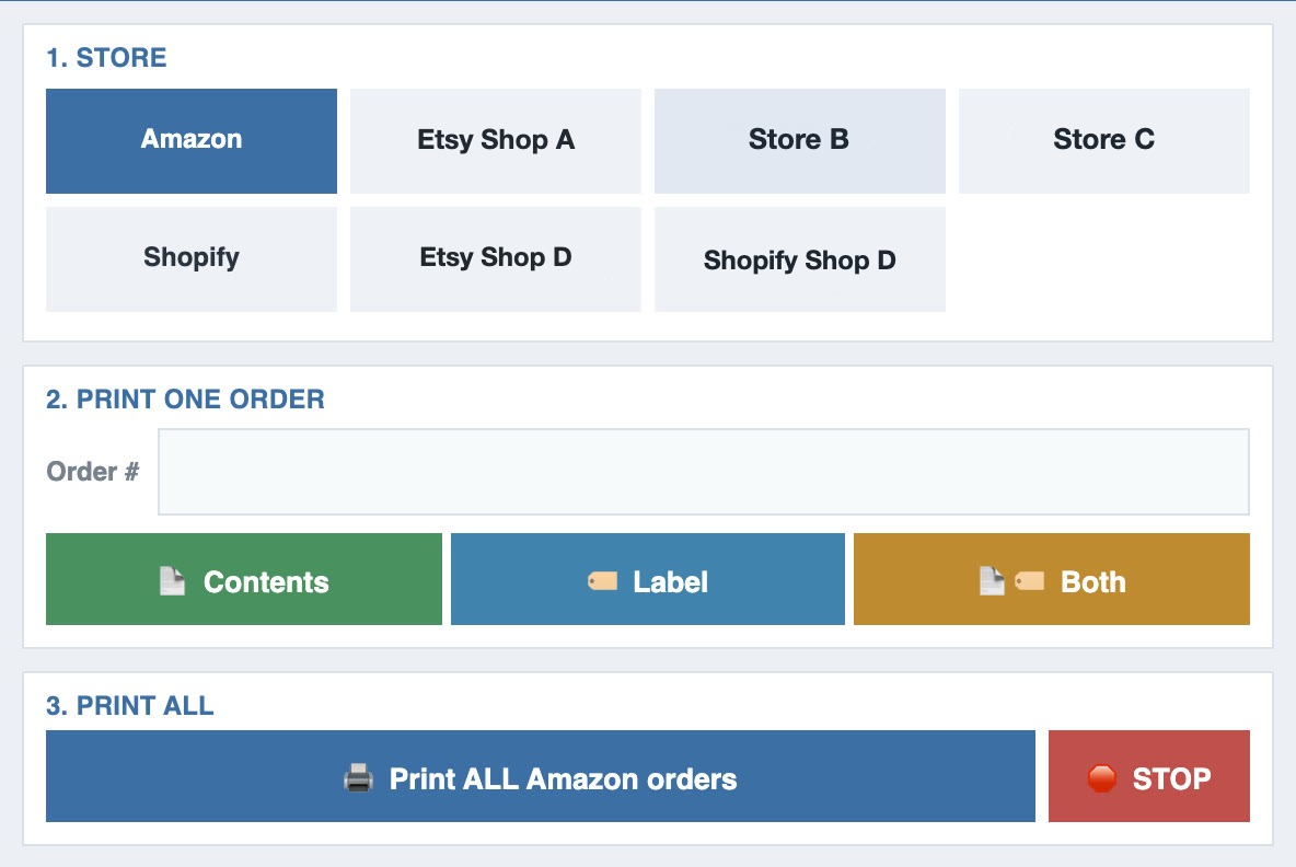 Version 2.10 controls: seven store buttons, one order field with Contents, Label and Both buttons, and a Print ALL Amazon orders button next to STOP