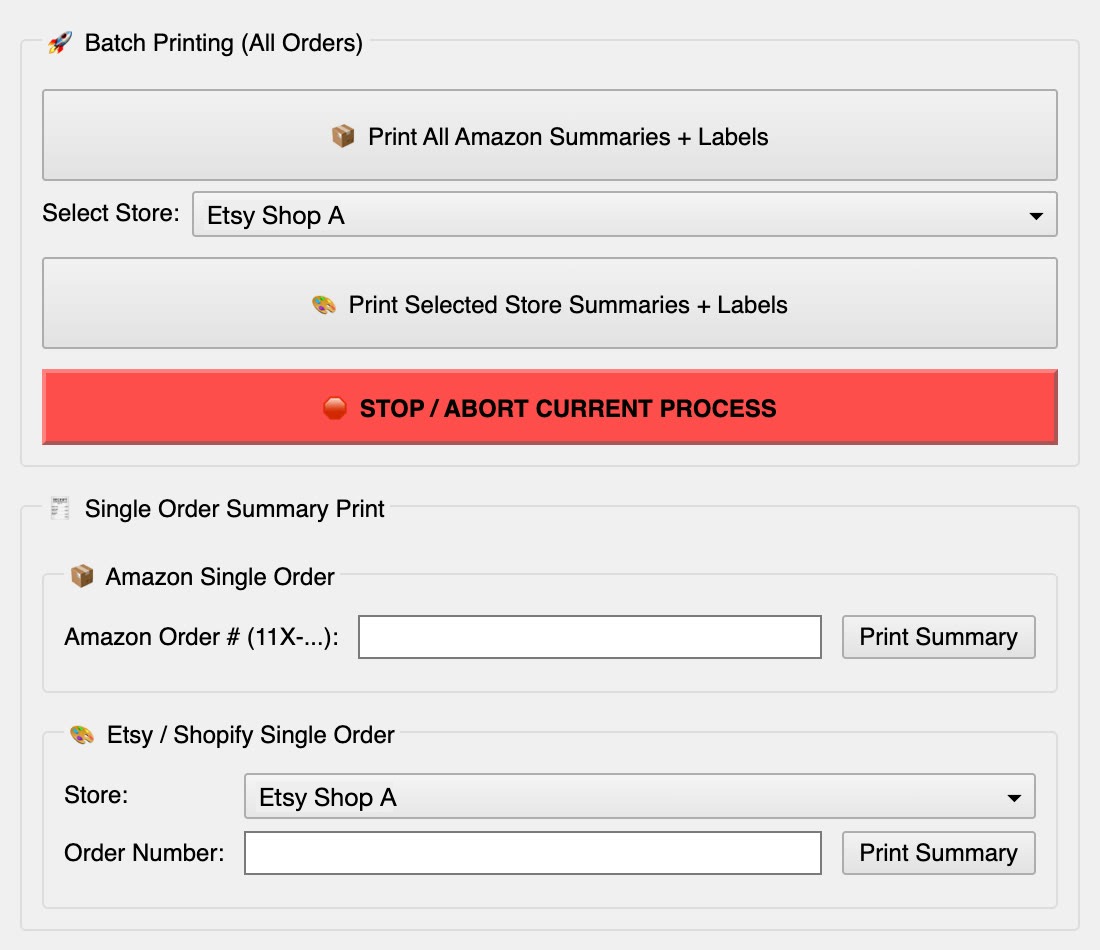 Version 1.4 controls: an Amazon batch button, a store dropdown with a second batch button, a red abort bar, and two separate single-order forms