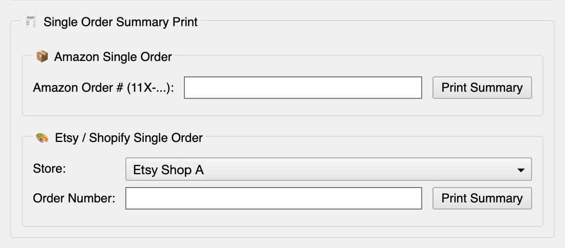 Version 1.4 single order section: separate Amazon and Etsy or Shopify forms, each with only a Print Summary button