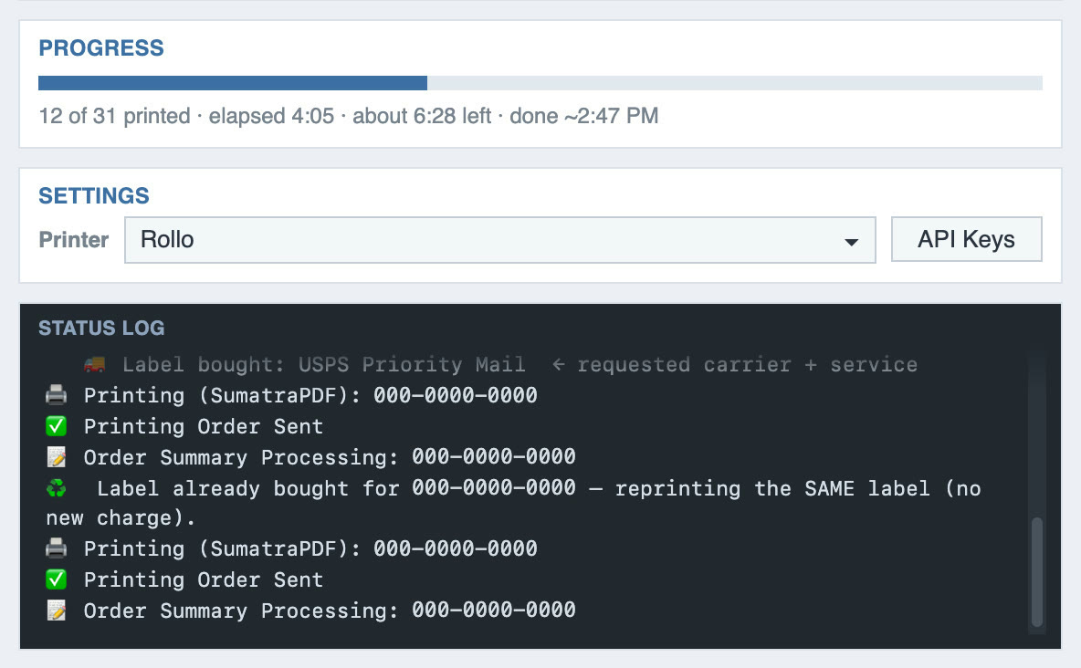 Version 2.10 progress card reading 12 of 31 printed, elapsed 4:05, about 6:28 left, done around 2:47 PM, above a dark status log
