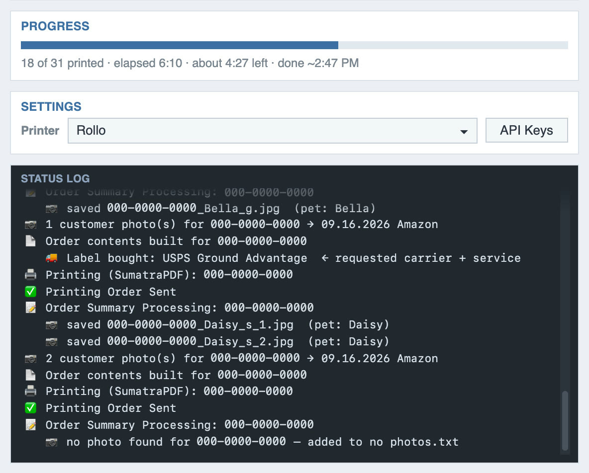 Version 2.10 status log during an Amazon batch: saved photo files with pet names, 1 and 2 customer photos saved to the 09.16.2026 Amazon folder, labels bought and printed, and an order with no photo added to no photos.txt