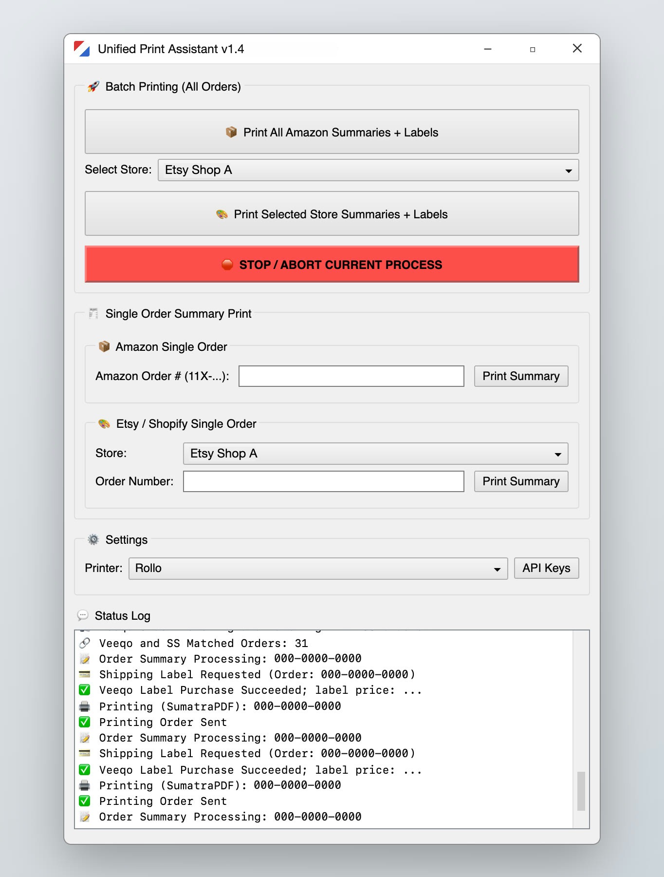 Print Assistant version 1.4: stacked grey form sections, a store dropdown, two separate single-order forms, and a plain text log