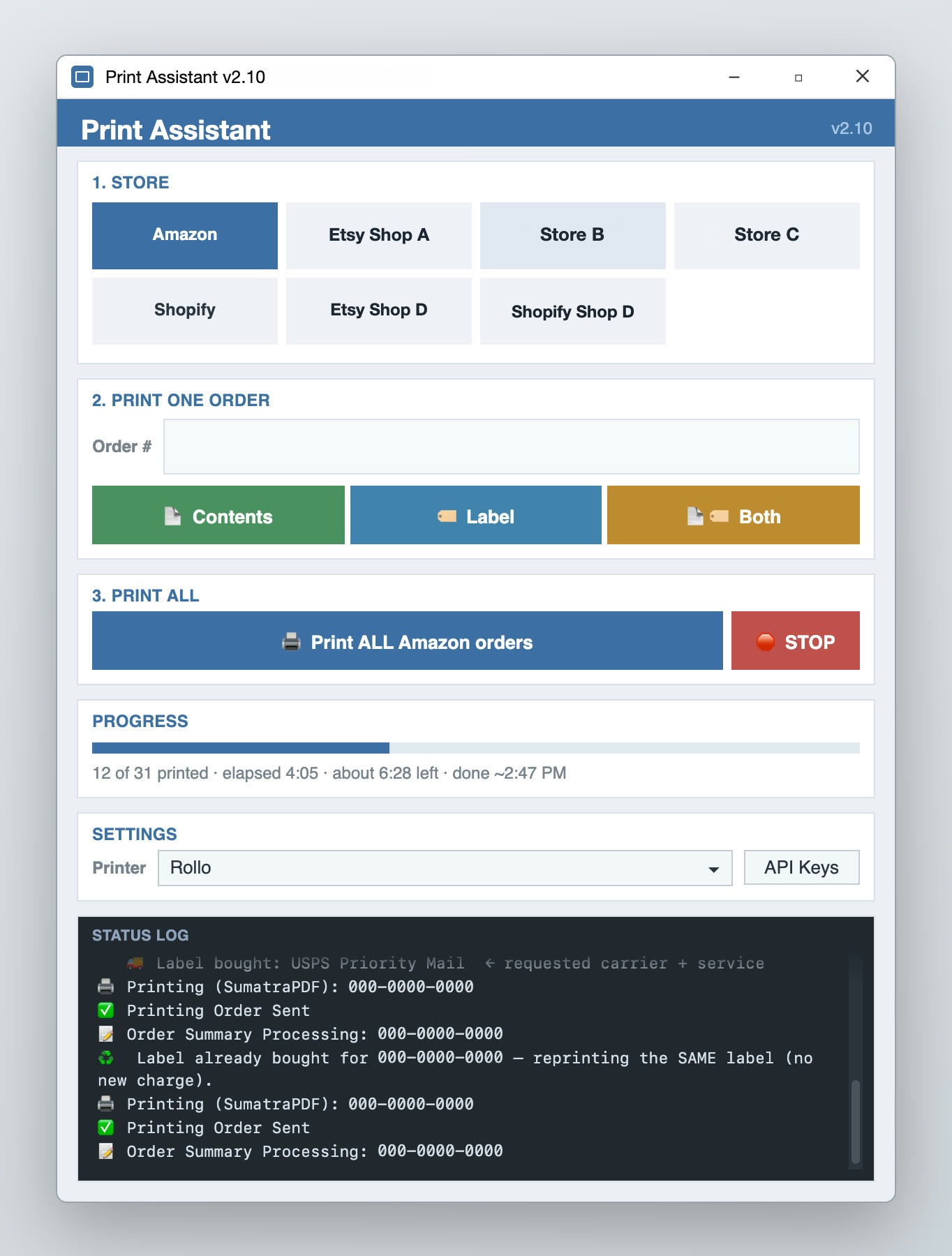 Print Assistant version 2.10: store buttons, one order field with Contents, Label and Both buttons, a Print ALL button, a live progress bar and a dark status log