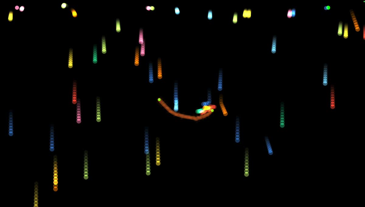 Prism-colored light streaks falling against black