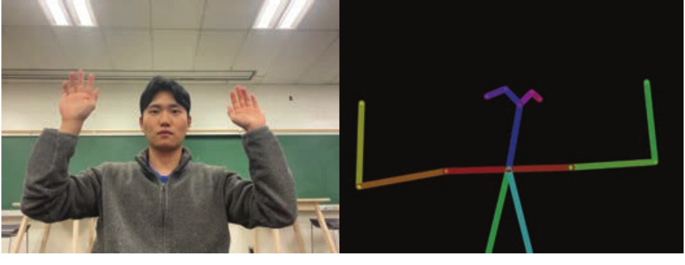 Webcam capture and the MediaPipe skeleton generated from body movement