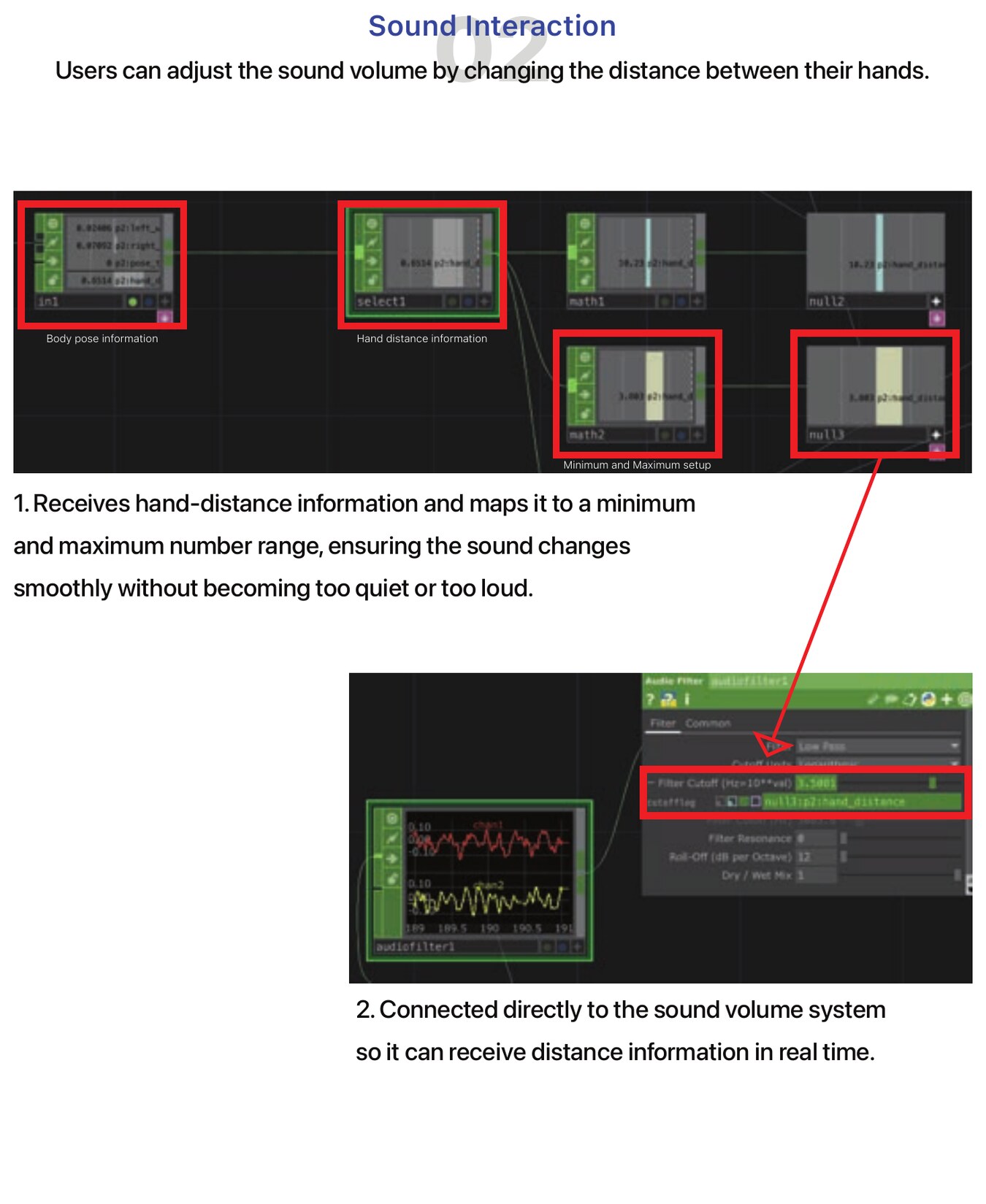 Hand distance mapped to sound volume in TouchDesigner
