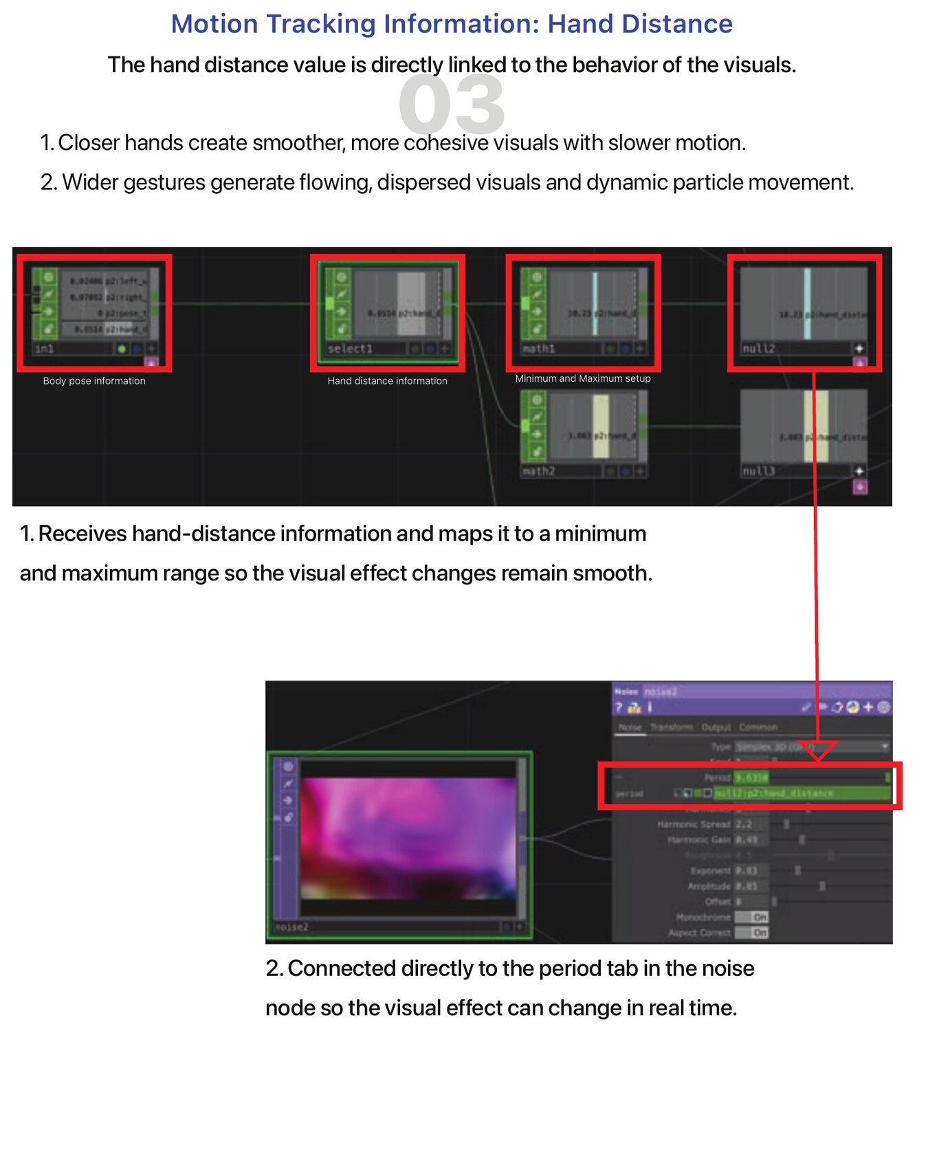 Hand distance mapped to visual behavior in TouchDesigner