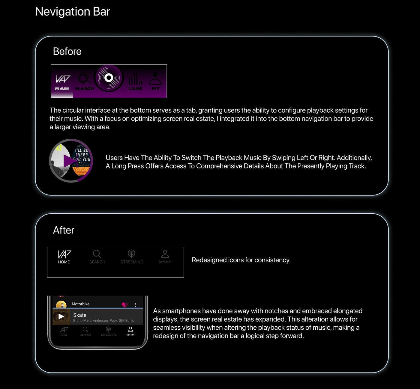 Navigation bar before and after, circular tab to clean bottom bar