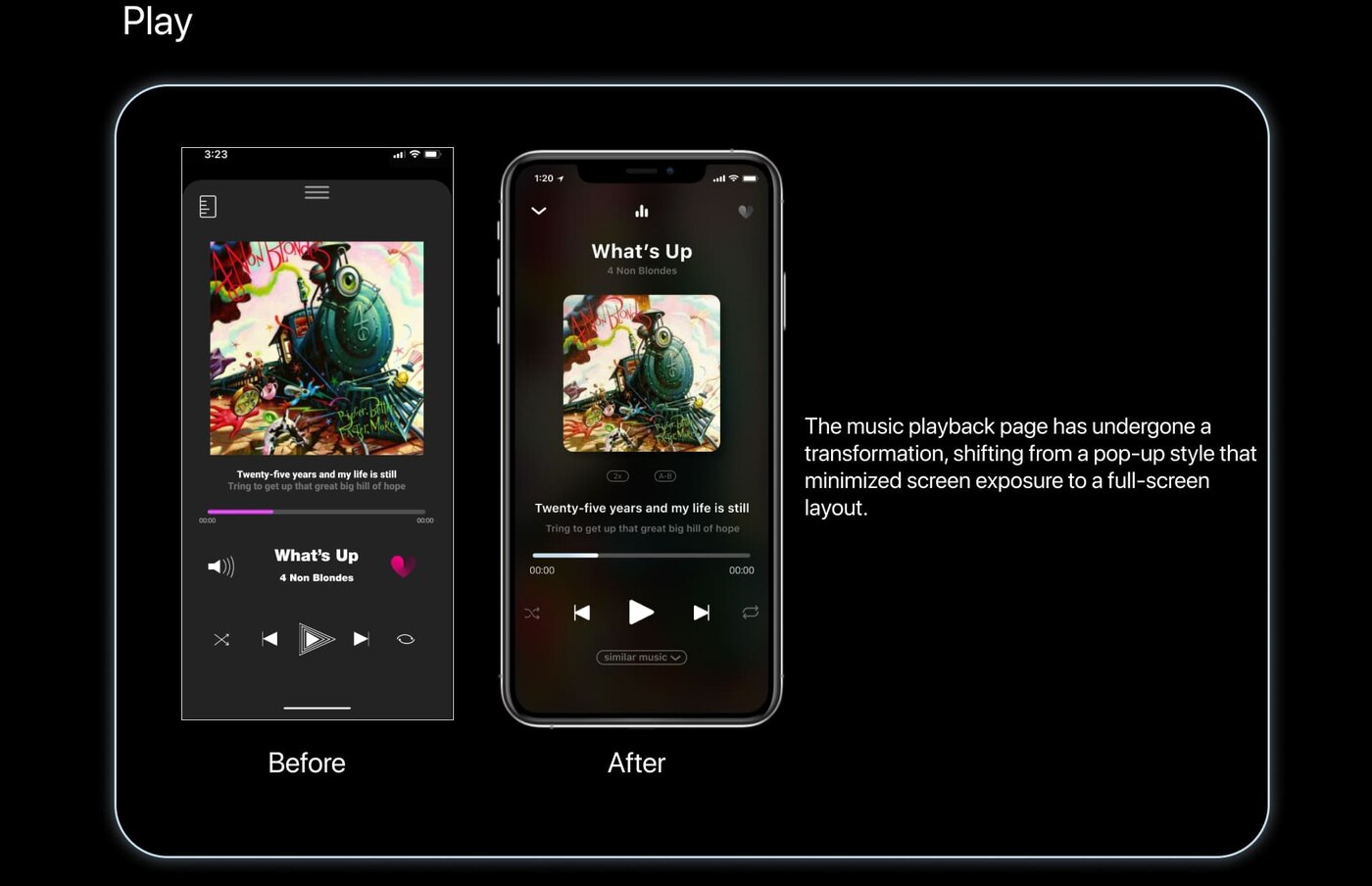 Music player before and after, pop-up to full screen